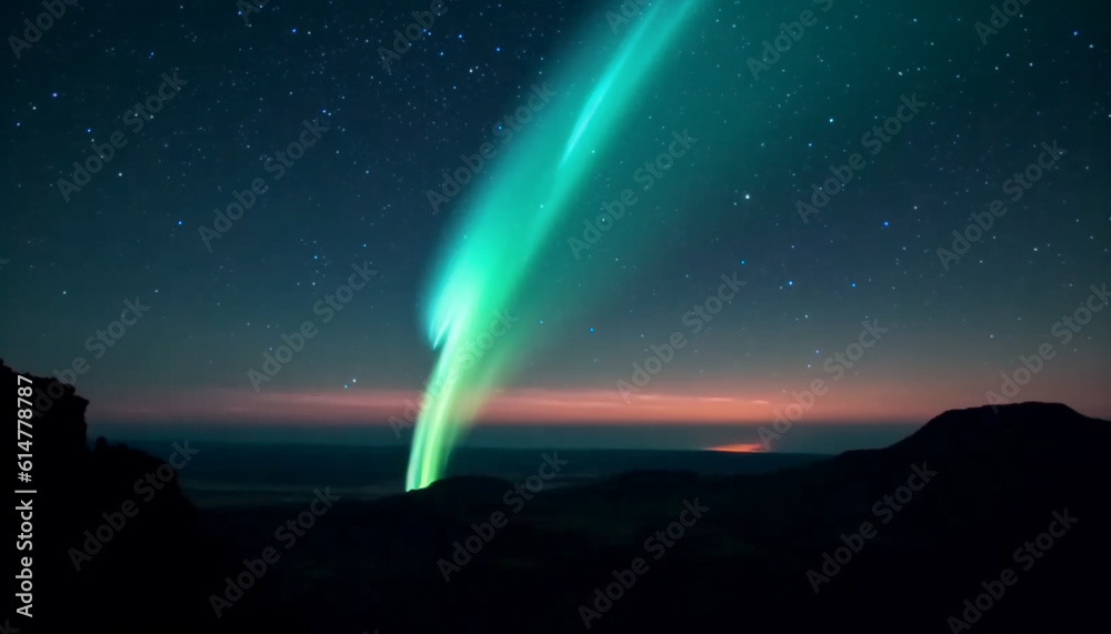 Night adventure Glowing star trail illuminates majestic mountain peak silhouette generated by AI