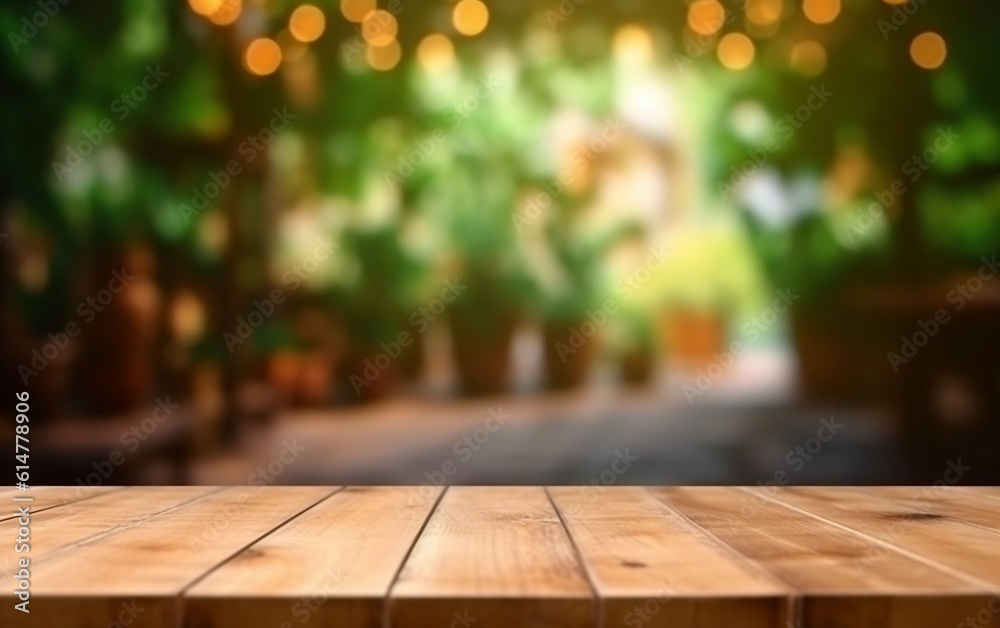 Blurred Wooden Table Space Platform and Defocused Background. Generative AI