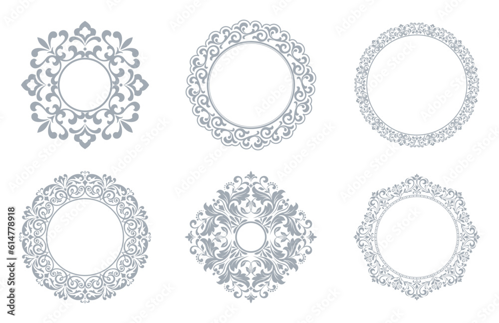 Set of decorative frames Elegant vector element for design in Eastern style, place for text. Floral gray and white borders. Lace illustration for invitations and greeting cards Set of decorative frames Elegant vector element for design in Eastern style, place for text. Floral gray and white borders. Lace illustration for invitations and greeting cards