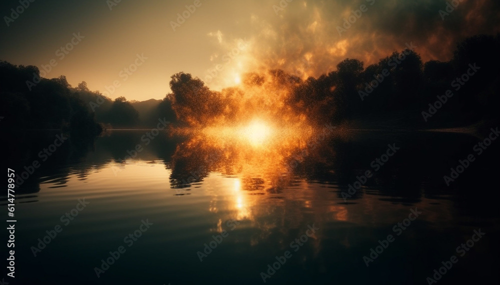 The tranquil scene of the sunset reflected on the water generated by AI
