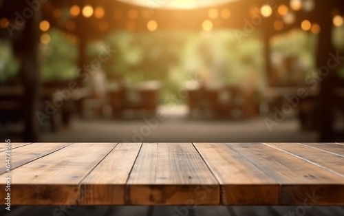 Blurred Wooden Table Space Platform and Defocused Background. Generative AI