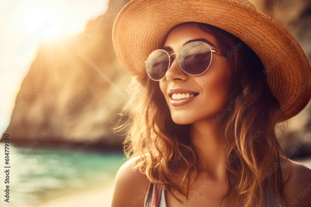 Young woman on a sea vacation. Portrait of a young woman in hat at a seaside resort. Generative AI Young woman on a sea vacation. Portrait of a young woman in hat at a seaside resort. Generative AI
