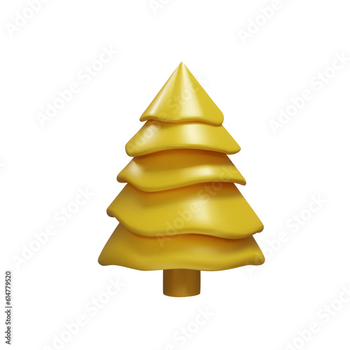 Gold Christmas tree in clay style. 3D render spruce is decoration element for winter or summer seasons. Metal plastic realistic plant for park. Vector illustration like decoration symbol.