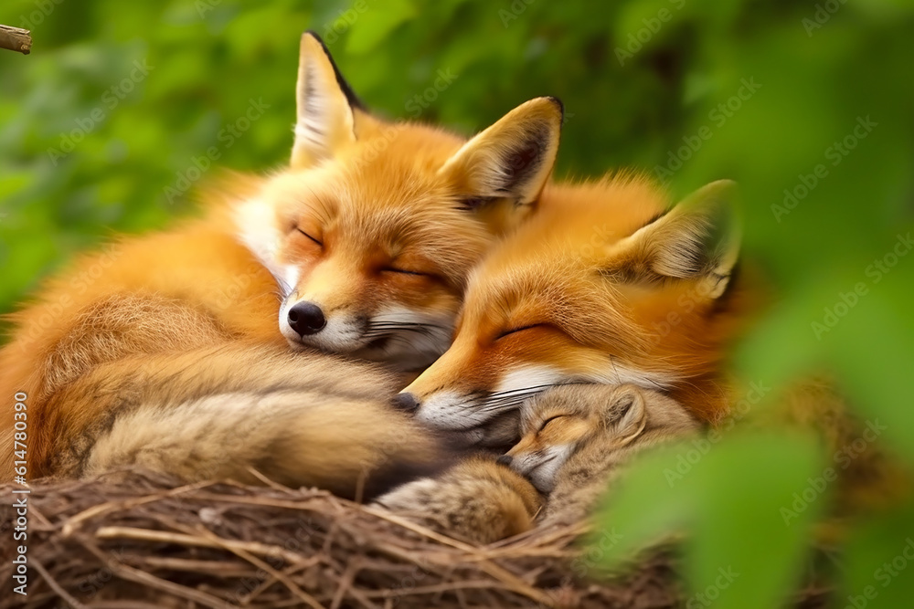 Fox Family in the Wild. Generative AI.
A digital rendering of a fox mother and her pups. 