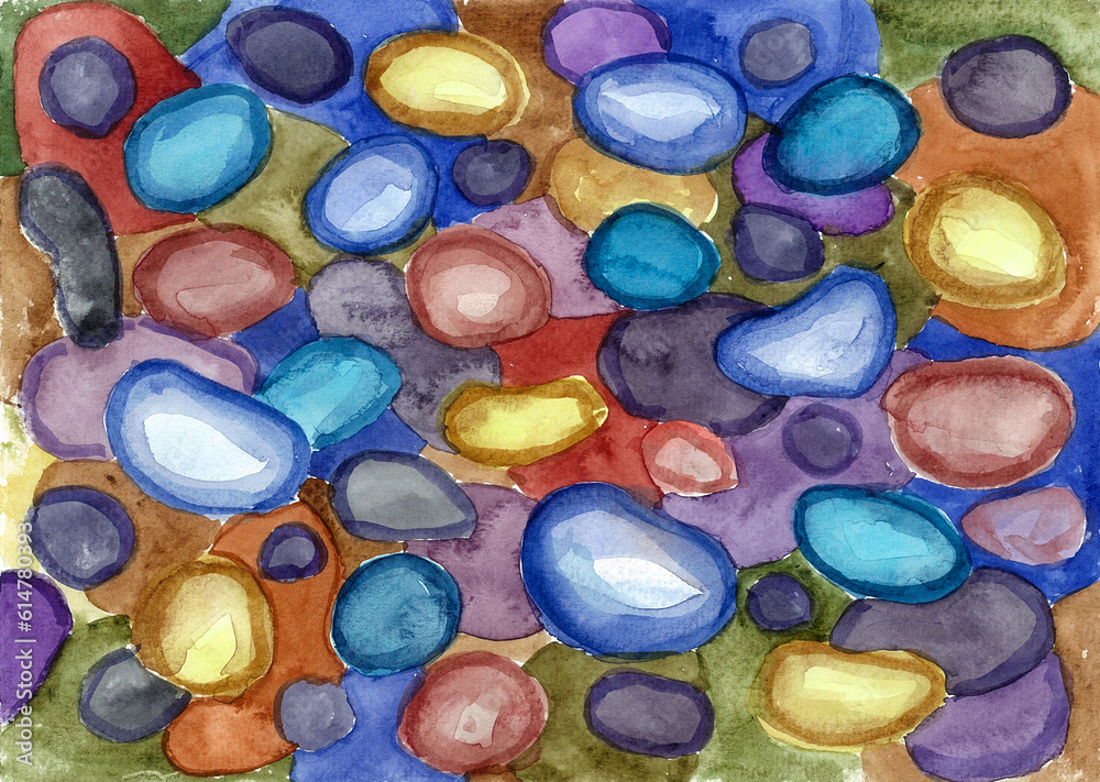 Abstract background of colored rounded shapes. It looks like stones, the soil of the coast. Watercolor blur. Blue, ocher, dirty red and dirty purple colors. Abstract background of colored rounded shapes. It looks like stones, the soil of the coast. Watercolor blur. Blue, ocher, dirty red and dirty purple colors.