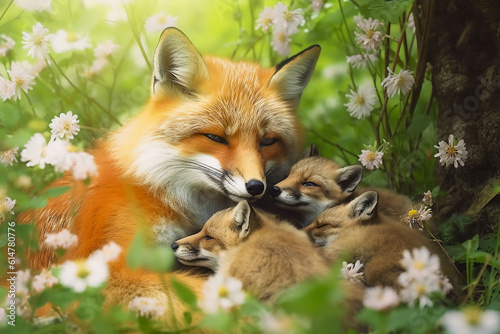 Fox Family in the Wild. Generative AI. A digital rendering of a fox mother and her pups.   © lutjo1953