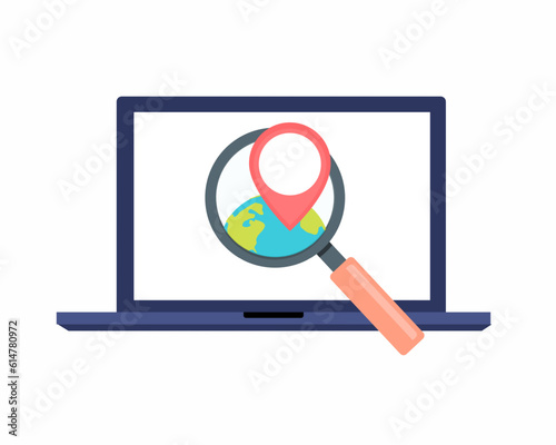 planet Earth with magnifying glass and red pointer on laptop screen Finding the best place for travel, vacation concept.