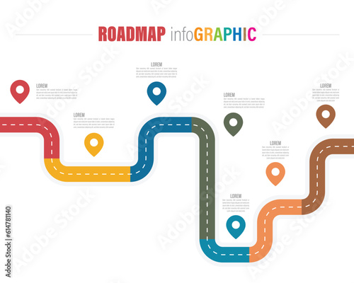 Road map infographic template with colorful pin pointers on the way. Vector illustration. timeline route