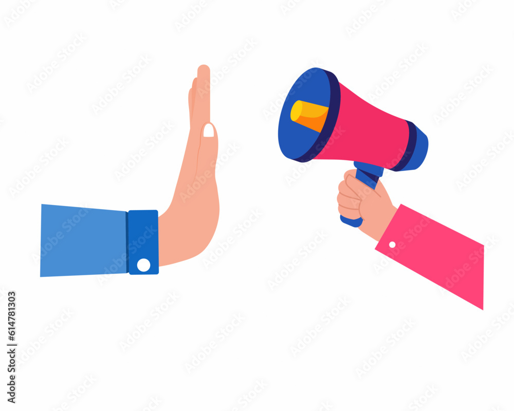 hand Reject loud speaker to stop noise pollution Prohibited sign. hand Reject loud speaker to stop noise pollution Prohibited sign.