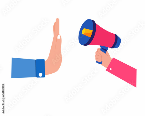 hand Reject loud speaker to stop noise pollution Prohibited sign.