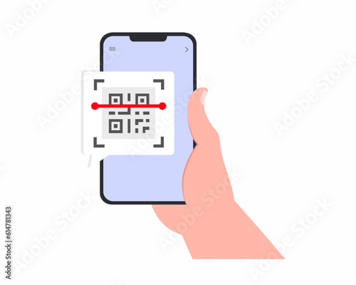 Man hand holding a phone and scanning QR code for online payment Verification. Vector illustration.