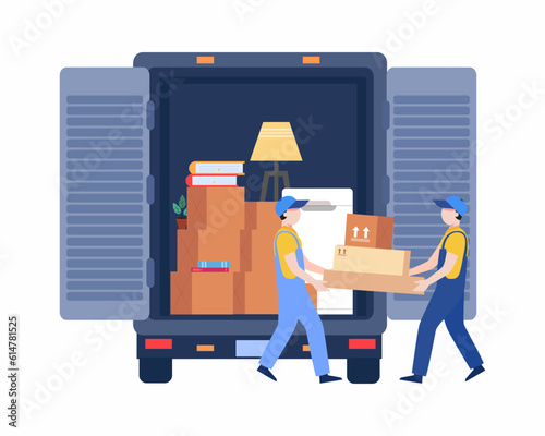 Workers of moving service load furniture into truck Moving and delivery company services 
