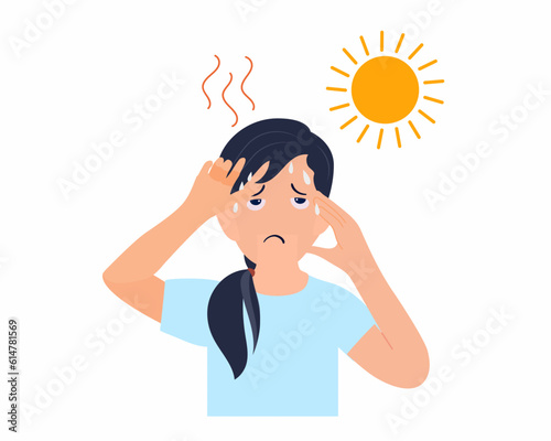 Woman suffers from heat stroke feels so thirsty because of hot weather flat vector design.