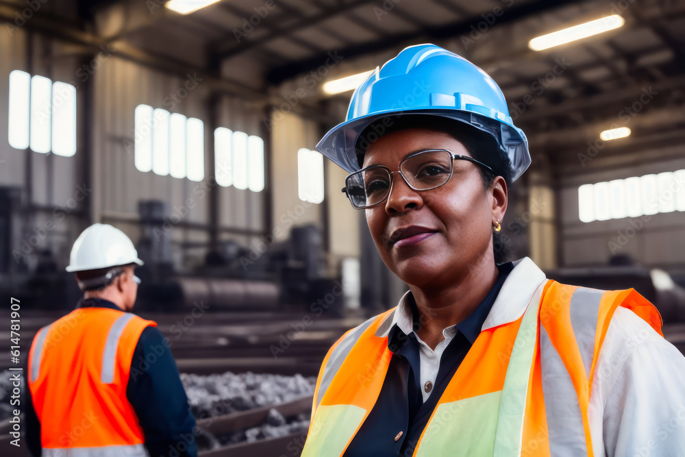 Digital portrait of a professional senior confident female Heavy industry engineer standing in a Steel Factory. Concept of active age. Generative AI Digital portrait of a professional senior confident female Heavy industry engineer standing in a Steel Factory. Concept of active age. Generative AI