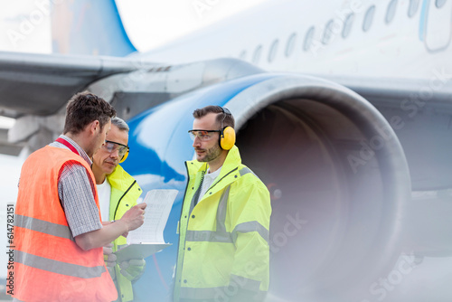 Air traffic control ground crew clipboard next to airplane on tarmac