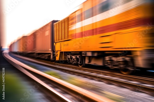 Close - up view of a cargo train with motion blur, symbolizing the fast and efficient transportation of goods. Generative AI