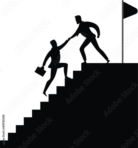 flat illustration with business people climbing together stair sytes. Concept of team working together. Successful business team leader 
