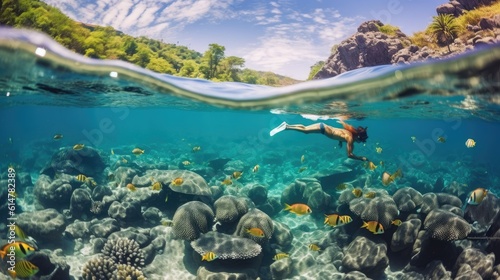 Island holiday vacation on the beach. Swimming and snorkeling underwater with coral reef and fish. © radekcho
