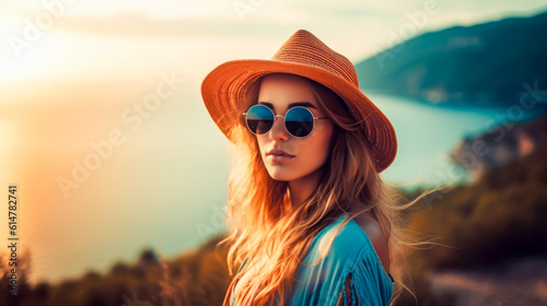 Young woman on a sea vacation. Portrait of a young woman in hat at a seaside resort. Generative AI