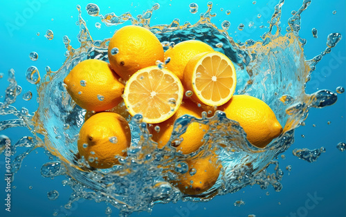Fresh fruits and splashing water,created with generative ai tecnology.