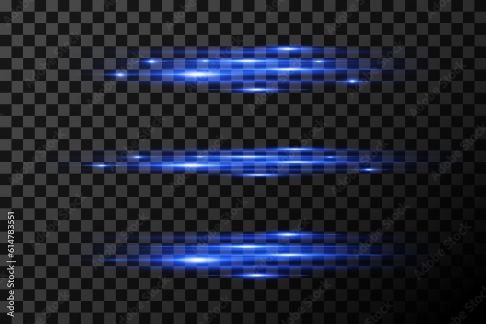 Pack of blue horizontal highlights. Laser beams, horizontal light beams. Beautiful light flashes. On a transparent background.