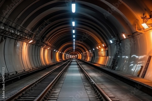 The urban underground infrastructure by taking a close - up view of a round subway tunnel with tubing. Generative AI
