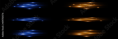 Bright horizontal highlights. Laser beams, horizontal beams of light. Beautiful light flashes. Glowing stripes on a dark background. © DENYS