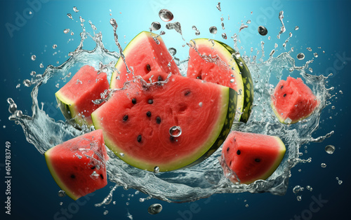 Fresh fruits and splashing water created with generative ai tecnology.