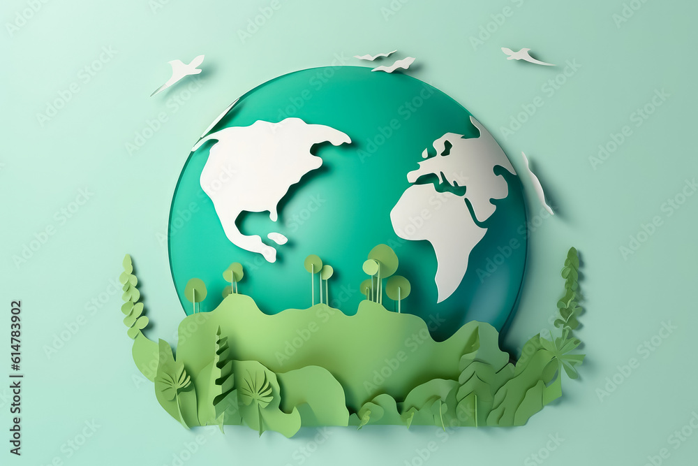 Naklejka premium Paper cut , World environment and earth day concept , Save energy creative idea , Created with Generative Ai Technology