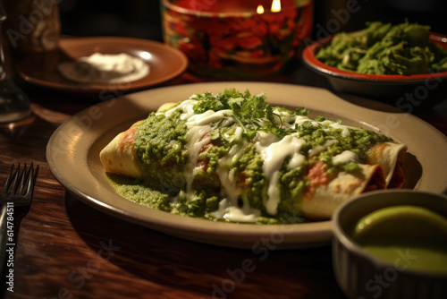 Traditional Mexican enchiladas on wooden table. AI generative.