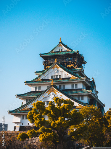 Majestic Osaka Castle stands tall, surrounded by vibrant cherry blossoms. Its elegant architecture reflects centuries of Japanese history and culture. Osaka Castle, a grand symbol of Japan.