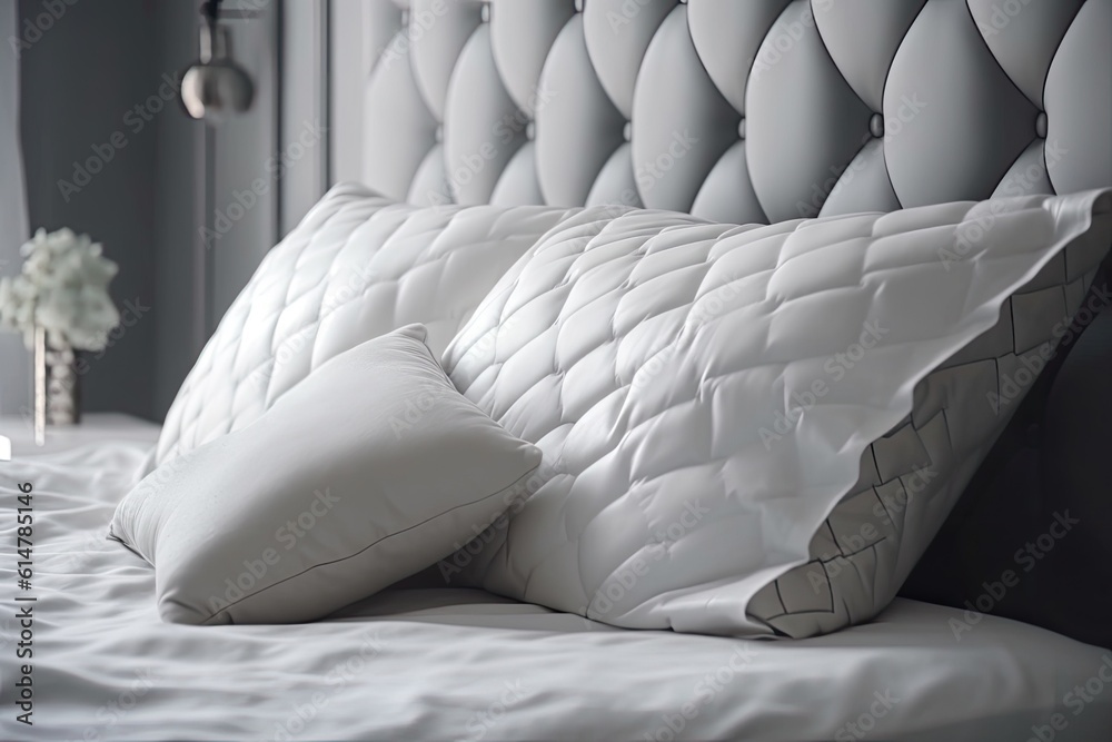 Soft white quilted cushion in bed with white leather headboard in the