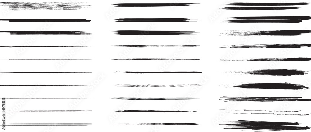 Set of wavy horizontal lines. Set of marker hand drawn line borders and doodle design elements. Hand drawn paint brush strokes lines. Vector isolated on white.