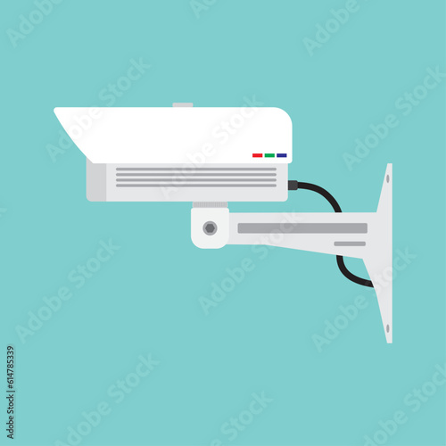 Security camera. White CCTV surveillance system. Monitoring, guard equipment, burglary or robbery prevention. Vector illustration isolated on blue background
