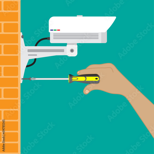 Technician installing CCTV camera for security style cartoon. Vector illustration EPS 10.