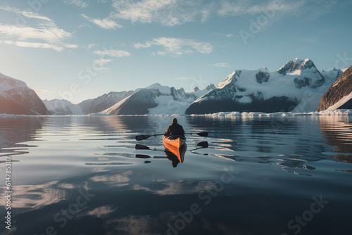 Nature trip winter adventure kayaking in antarctica. Kayaking in antarctica between icebergs with inflatable kayak extreme adventure in antarctic. Realistic 3D illustration. Generative AI