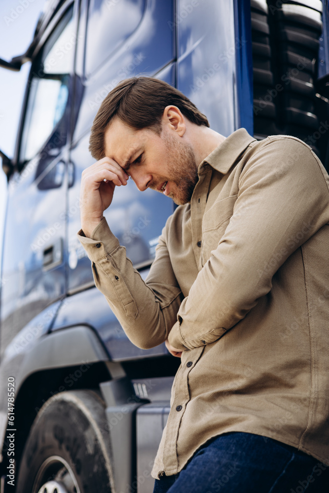 Truck driver stopped on the road because of a brake Truck driver stopped on the road because of a brake