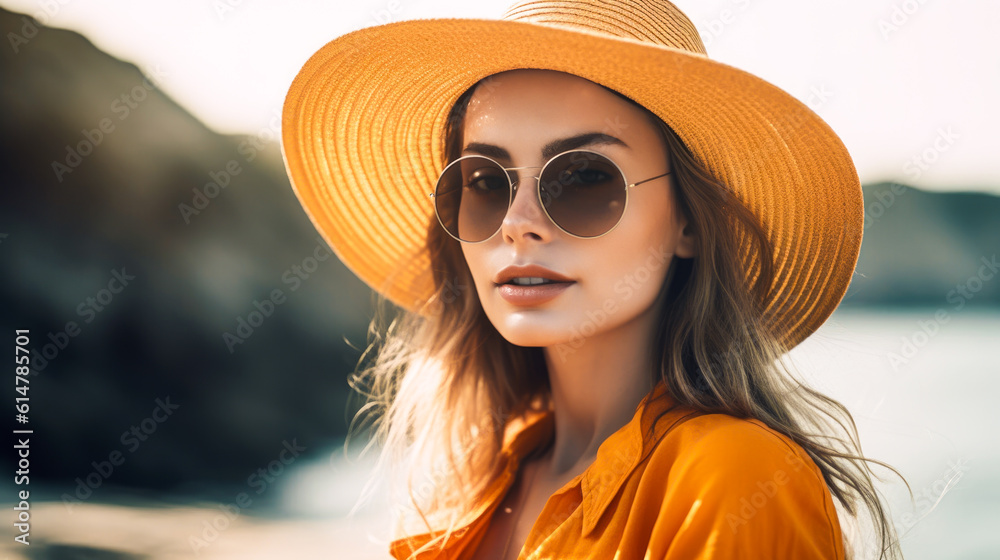 Young woman on a sea vacation. Portrait of a young woman in hat at a seaside resort. Generative AI Young woman on a sea vacation. Portrait of a young woman in hat at a seaside resort. Generative AI