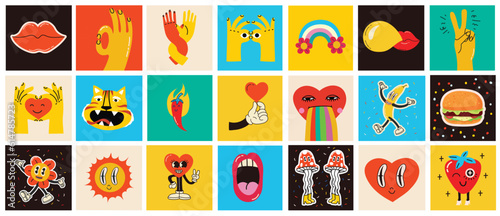 70's groovy square posters, cards or stickers. Retro print with hippie cute colorful funky character concepts of crazy geometric, dripping emoticon. Only good vibes sentence