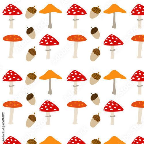 cartoon seamless pattern with mushrooms and acorn