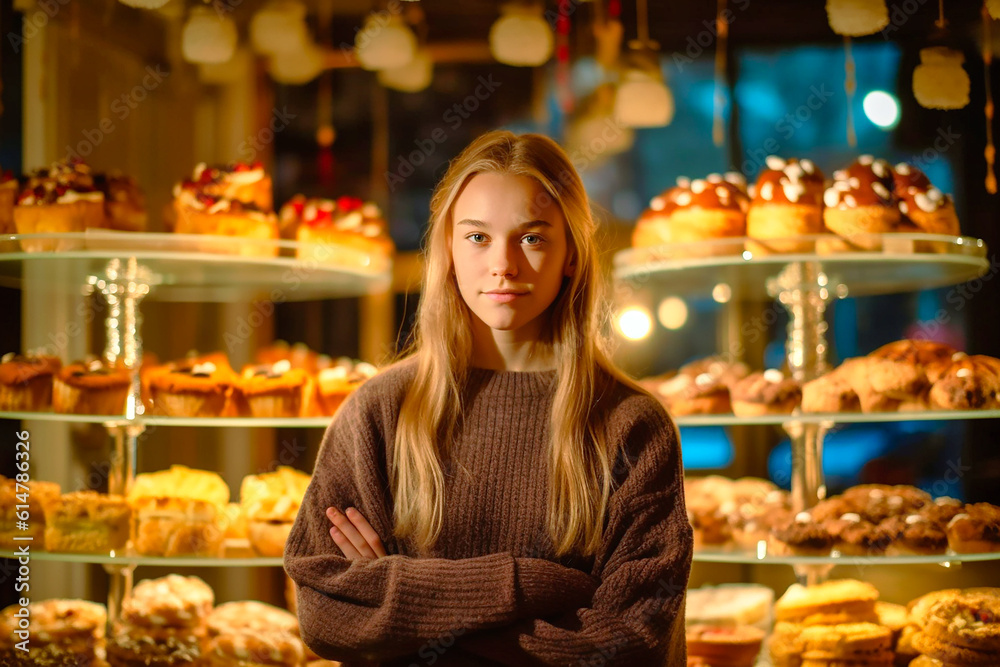 Smiling saleswomen at the bakery. AI generative.