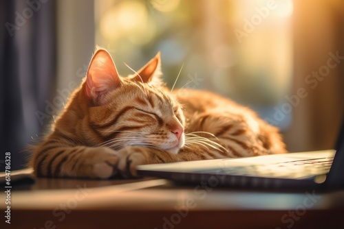 Working Hard or Hardly Working - Orange Tabby Cat asleep on laptop at desk
