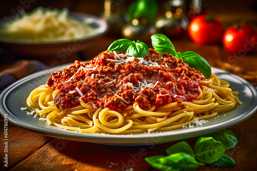 Serve the spaghetti Bolognese with fresh Parmesan and green salad. AI generativ.