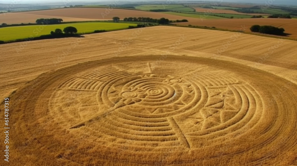 Naklejka premium mysterious crop circles on fields made by aliens. Generative AI
