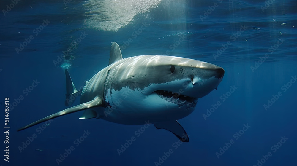 Naklejka premium a great white shark (Carcharodon carcharias) underwater. Generative AI