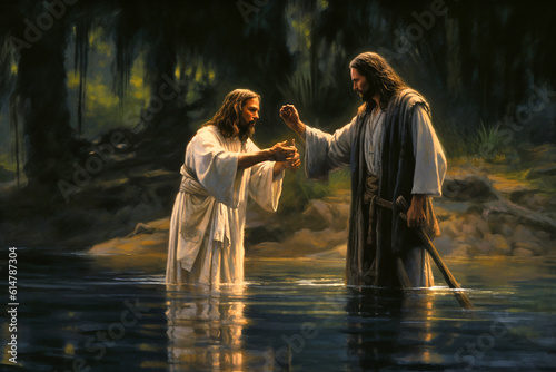 Fototapeta John the Baptist standing in the Jordan River and baptising