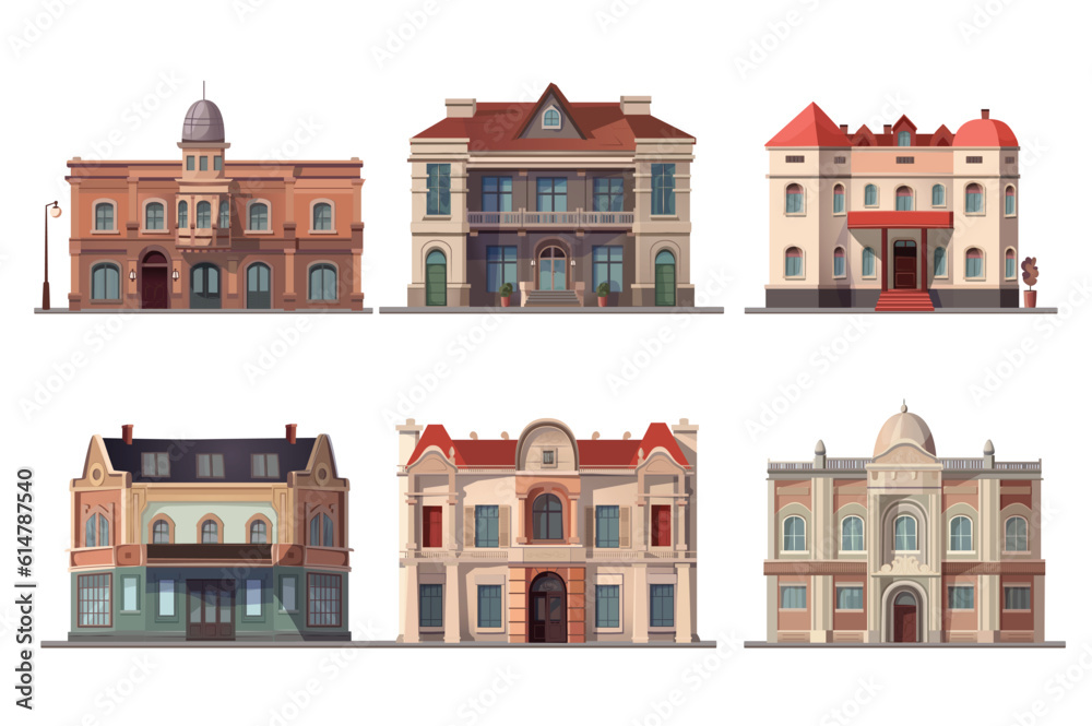 Set of large buildings. Playful cartoon illustration featuring a vibrant set design with a variety of large buildings. Vector illustration.