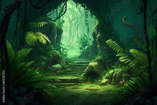 An illustration of a green prehistoric jungle with lush vegetation and a small path through it