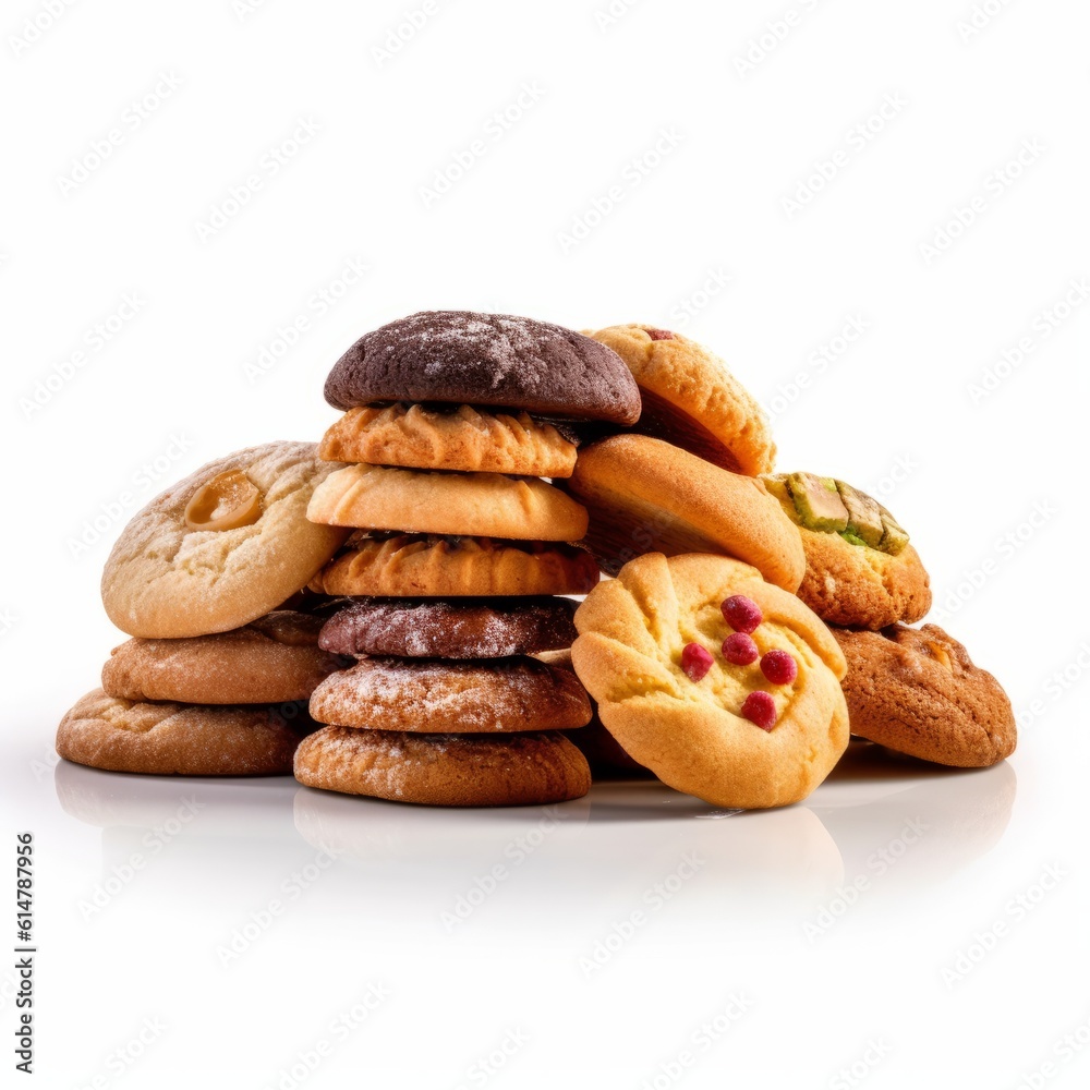 Illustration of a delicious stack of  fresh homemade cookies on a clean white background created with Generative AI technology