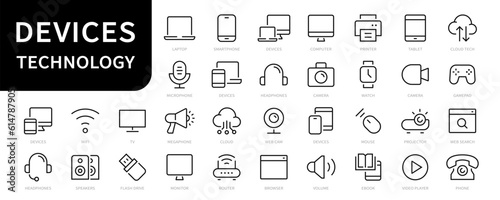 Device & technology thin line icon set. Device icons. Devices icon collection - Computer, Laptop, Smartphone, Tablet, Phone, Monitor, Printer, Desktop, Mouse. Vector illustration